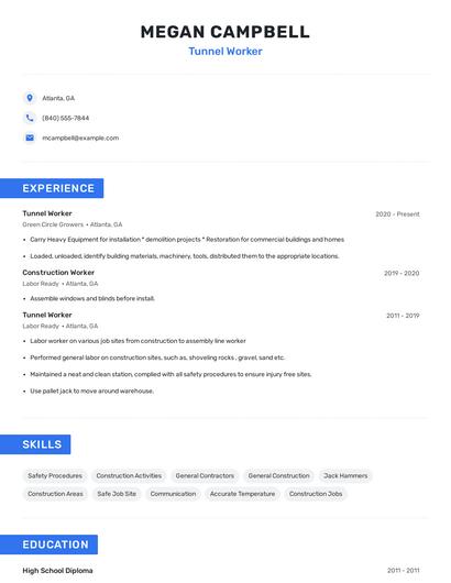 Tunnel Worker Resume