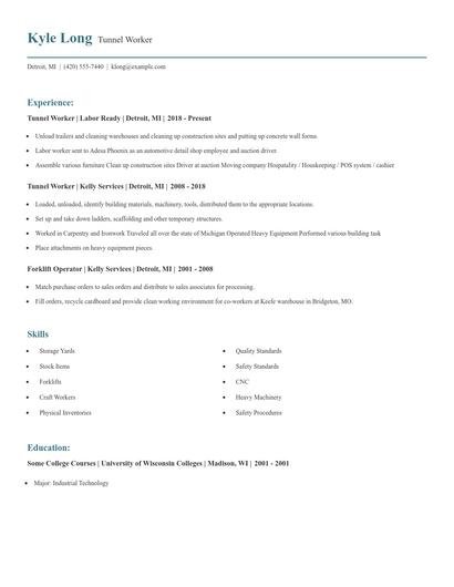 Tunnel Worker Resume