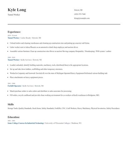 Tunnel Worker Resume