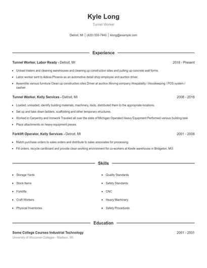 Tunnel Worker Resume