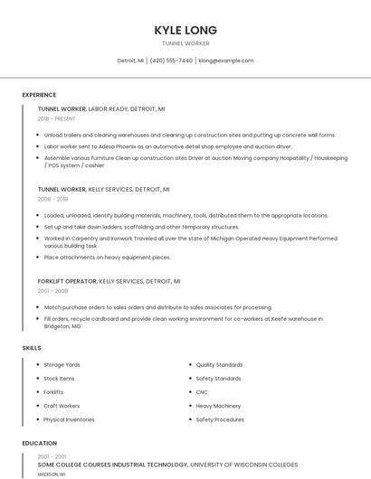 Tunnel Worker Resume