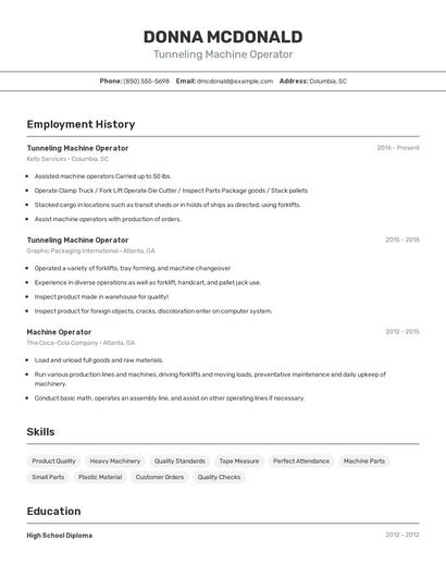 Tunneling Machine Operator Resume