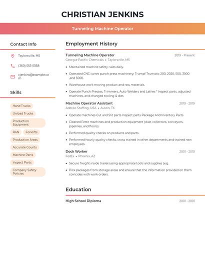 Tunneling Machine Operator Resume