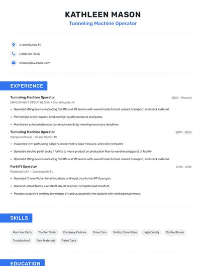 Tunneling Machine Operator Resume