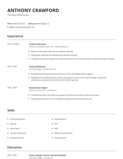 Turbine Mechanic Resume