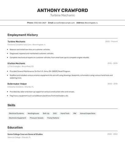 Turbine Mechanic Resume