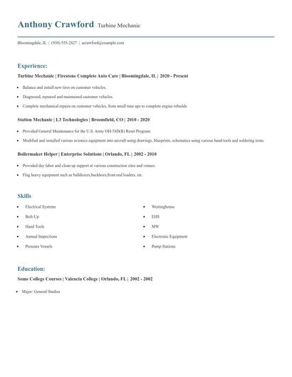 Turbine Mechanic Resume