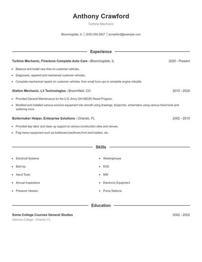 Turbine Mechanic Resume