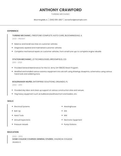Turbine Mechanic Resume