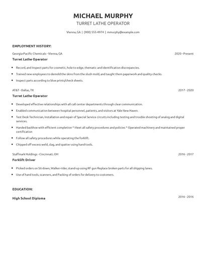 Turret Lathe Operator Resume