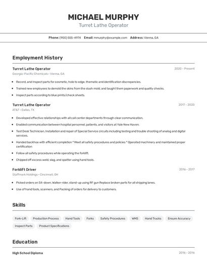 Turret Lathe Operator Resume