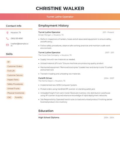 Turret Lathe Operator Resume