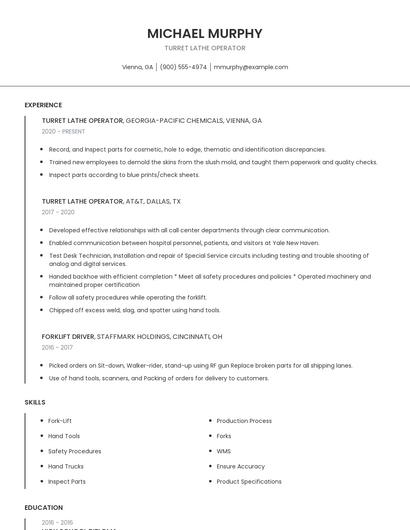 Turret Lathe Operator Resume
