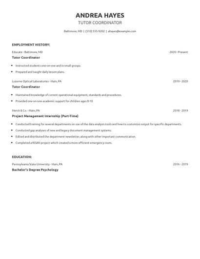 Tutor Coordinator Resume