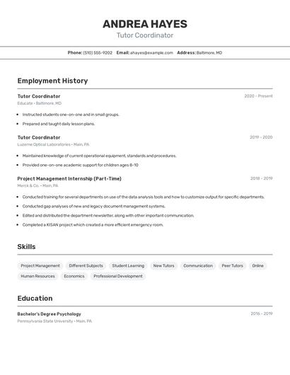 Tutor Coordinator Resume
