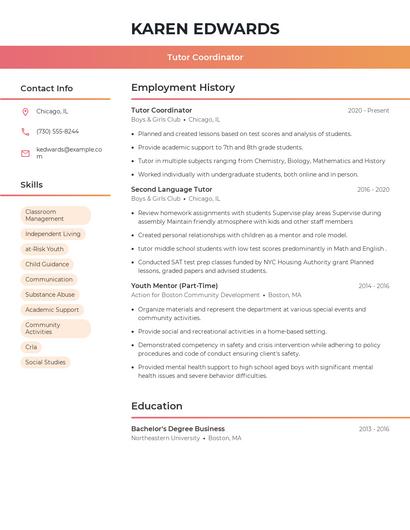 Tutor Coordinator Resume
