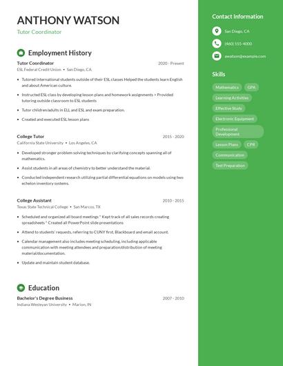 Tutor Coordinator Resume