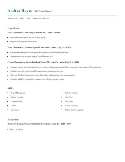 Tutor Coordinator Resume