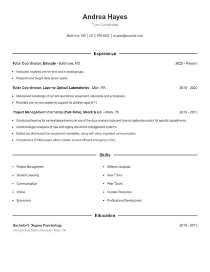 Tutor Coordinator Resume