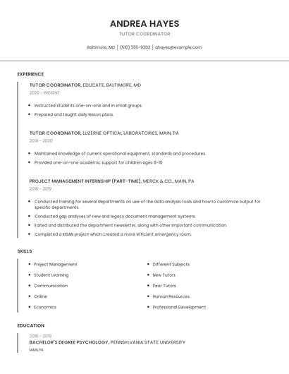 Tutor Coordinator Resume