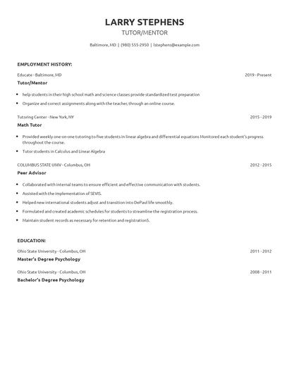 Tutor/Mentor Resume