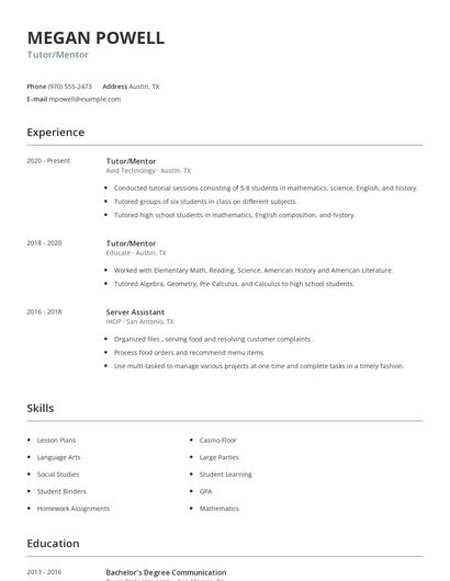 Tutor/Mentor Resume
