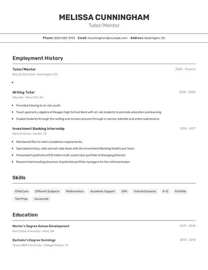 Tutor/Mentor Resume