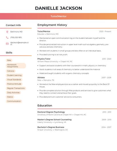Tutor/Mentor Resume
