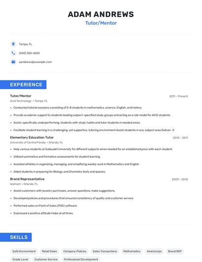 Tutor/Mentor Resume