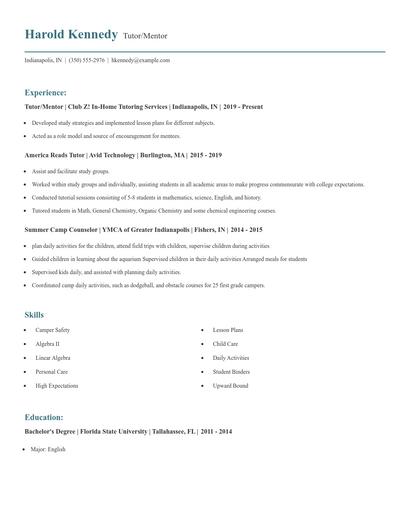 Tutor/Mentor Resume