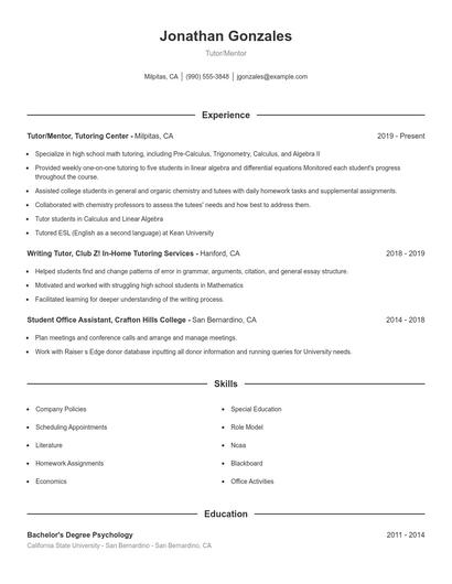 Tutor/Mentor Resume