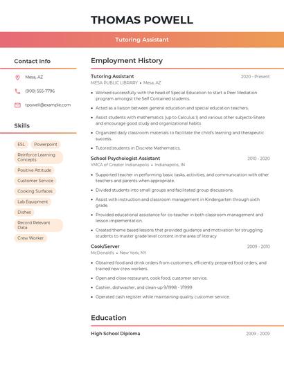 Tutoring Assistant Resume