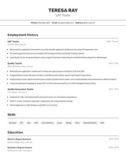UAT Tester Resume