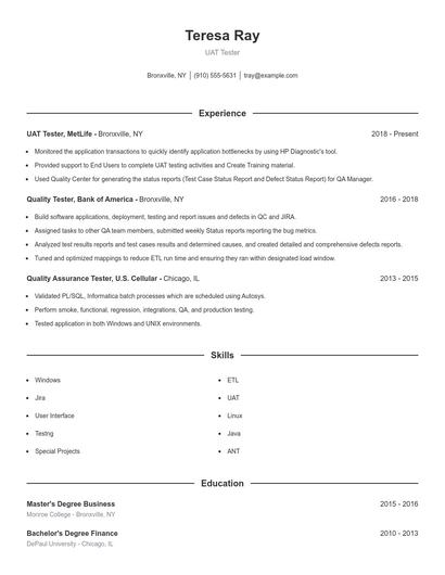 UAT Tester Resume