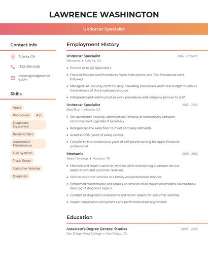 Undercar Specialist Resume