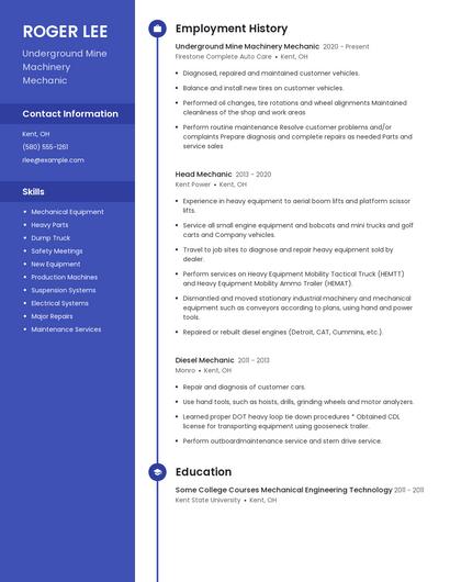 Underground Mine Machinery Mechanic Resume