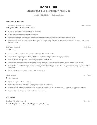Underground Mine Machinery Mechanic Resume
