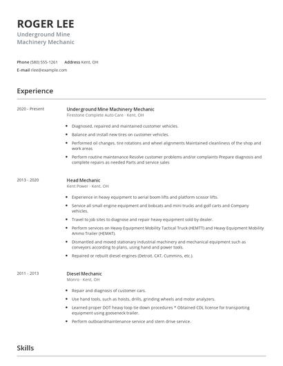 Underground Mine Machinery Mechanic Resume