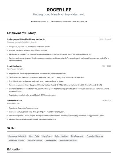 Underground Mine Machinery Mechanic Resume