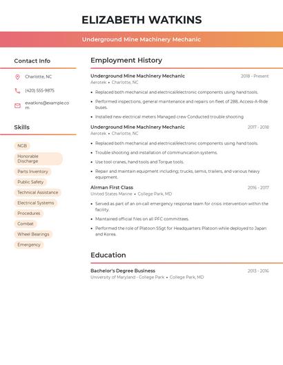 Underground Mine Machinery Mechanic Resume