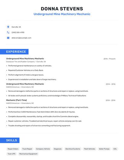 Underground Mine Machinery Mechanic Resume