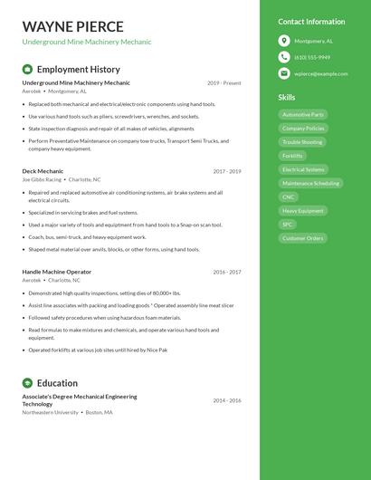Underground Mine Machinery Mechanic Resume