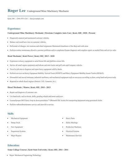 Underground Mine Machinery Mechanic Resume