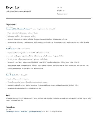 Underground Mine Machinery Mechanic Resume