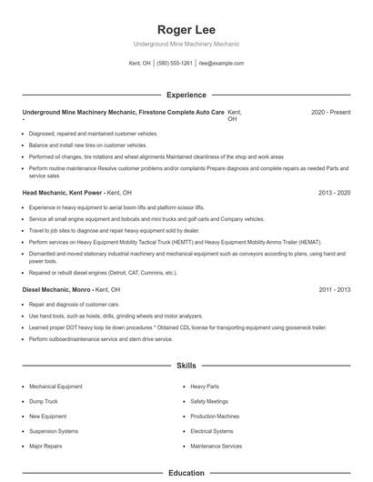 Underground Mine Machinery Mechanic Resume