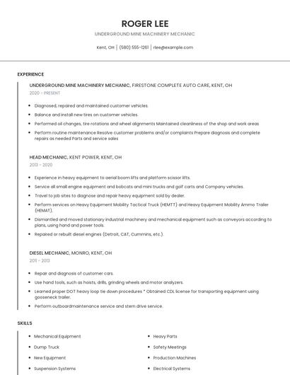 Underground Mine Machinery Mechanic Resume