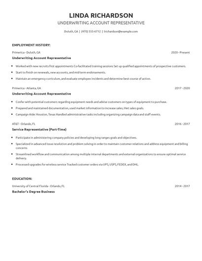 Underwriting Account Representative Resume