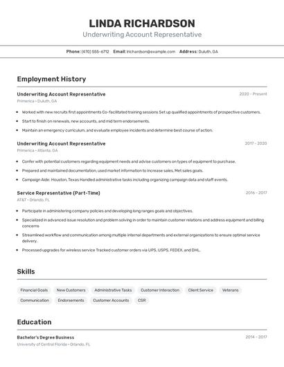 Underwriting Account Representative Resume