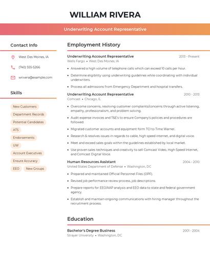 Underwriting Account Representative Resume