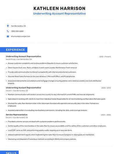 Underwriting Account Representative Resume
